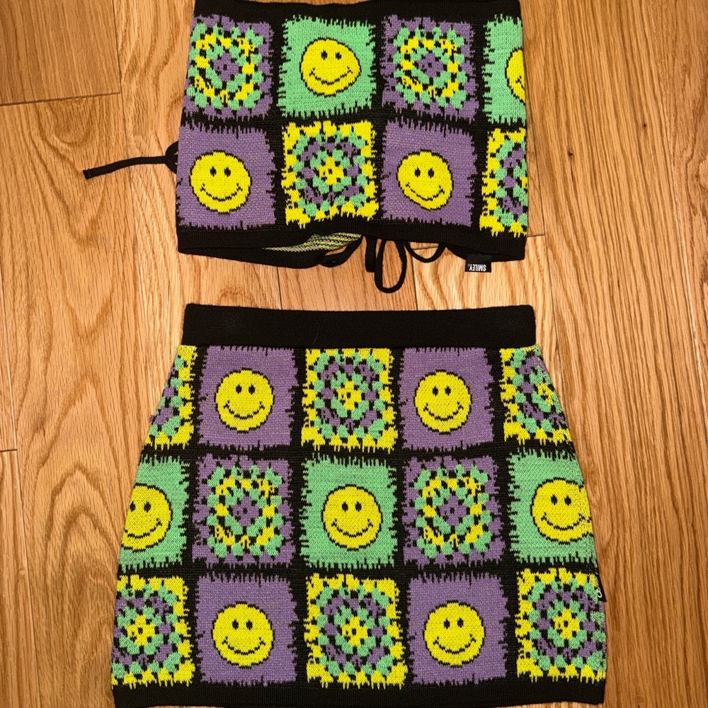 ASOS Black and Yellow Smiley Face Knit Skirt Set